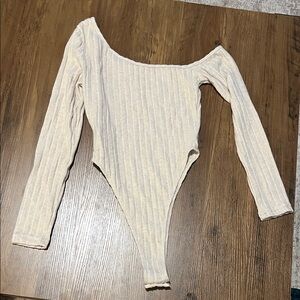 SHEIN Cream Ribbed Long Sleeve Bodysuit